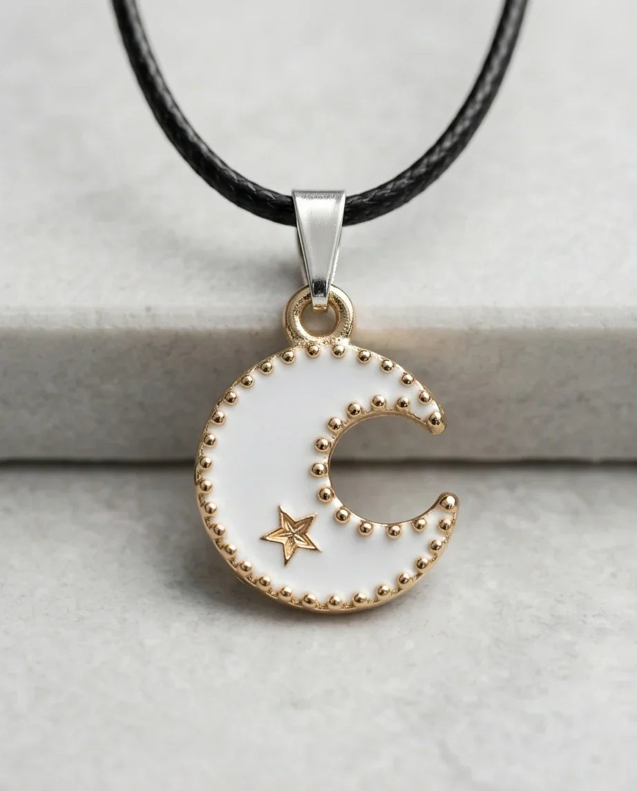 Gold and White Celestial Crescent Moon Necklace