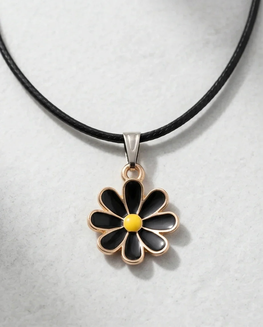 Gold and Black Daisy Pendant Necklace
