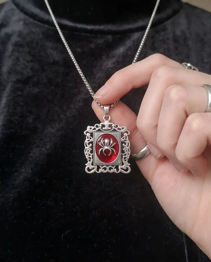 Gothic Red Enamel Spider Filigree Pendant Box Chain