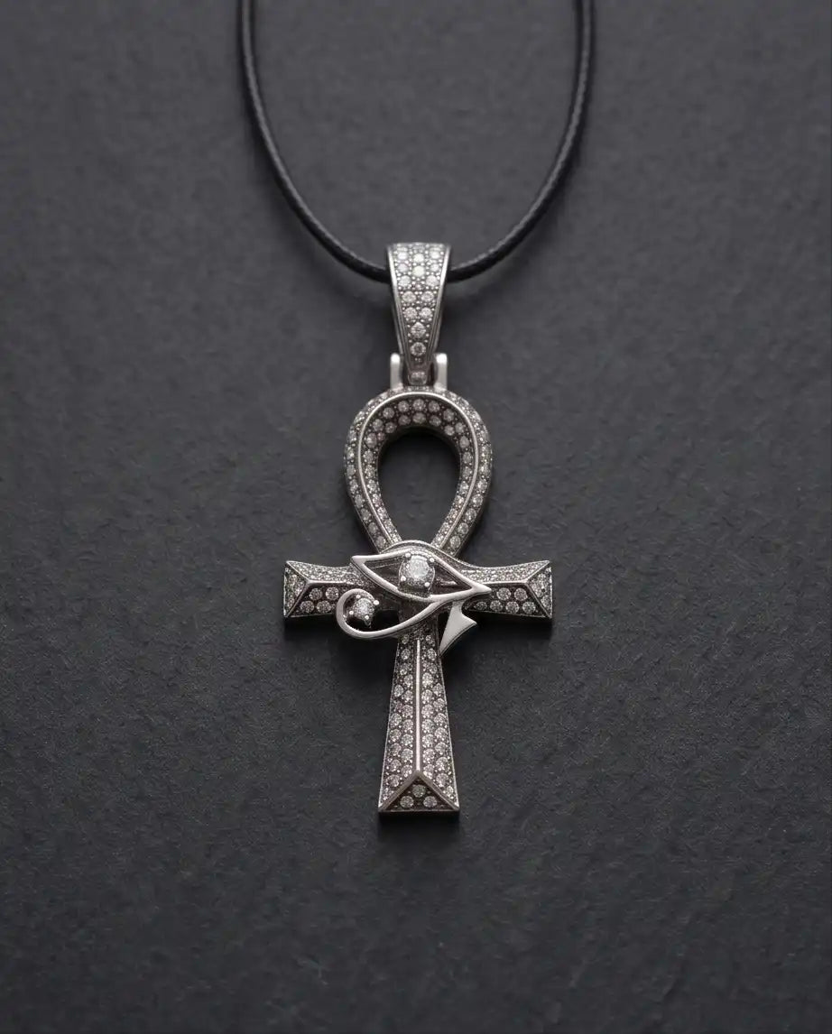 Iced Egyptian Ankh Cross & Eye of Horus Pendant Silver Box Chain Necklace