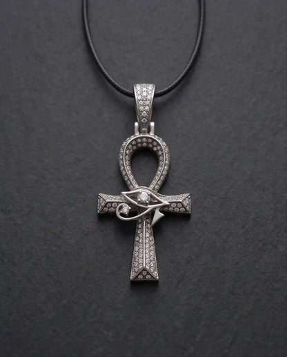 Iced Egyptian Ankh Cross & Eye of Horus Pendant Silver Box Chain Necklace