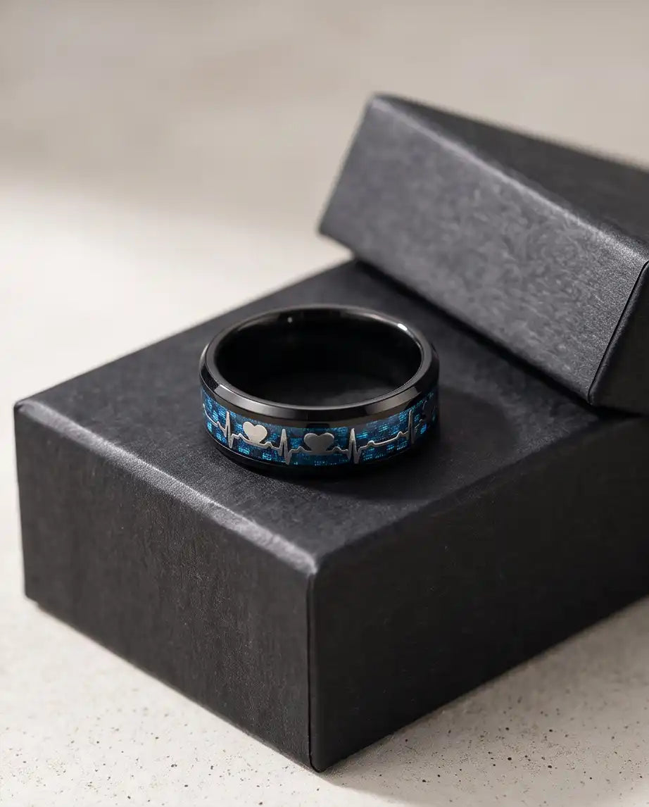 Black and Blue Carbon Fiber Heartbeat EKG Ring