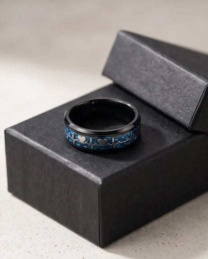 Black and Blue Carbon Fiber Heartbeat EKG Ring