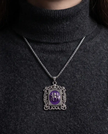 Gothic Purple Enamel Spider Filigree Pendant Box Chain
