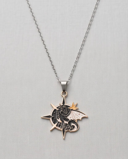 Gold Celestial Compass Dragon Black & White Enamel Pendant Necklace