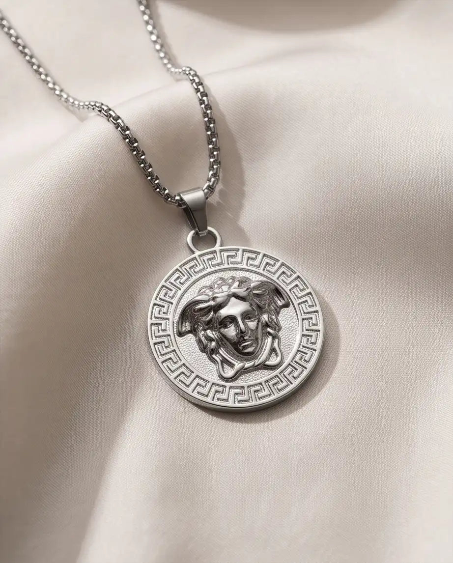 Greek Medusa Gorgon Medallion Pendant Box Chain