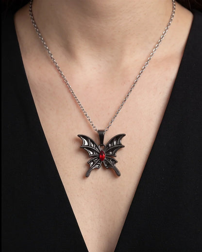 Black Bat-Wing Butterfly Red Gem Pendant Necklace