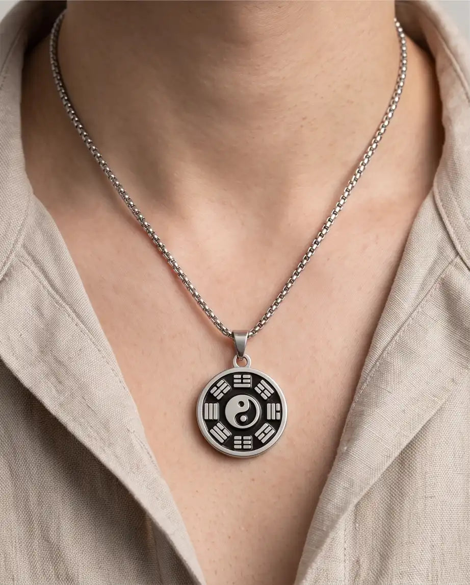 Yin Yang Bagua Symbol Medallion Silver Box Chain Necklace