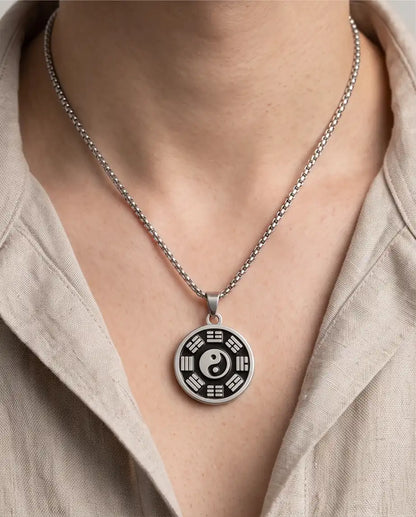 Yin Yang Bagua Symbol Medallion Silver Box Chain Necklace