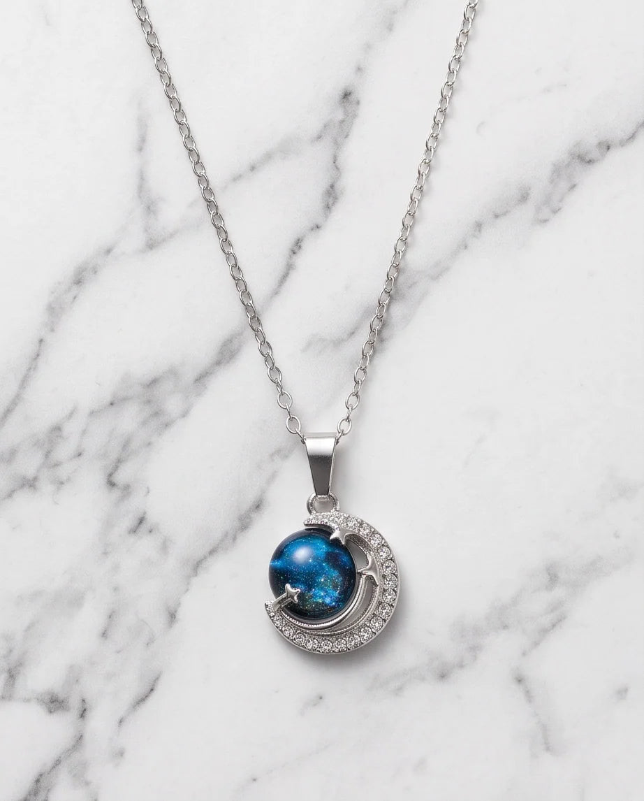 Silver Crystal Crescent Moon Cosmic Galaxy Orb Pendant Necklace