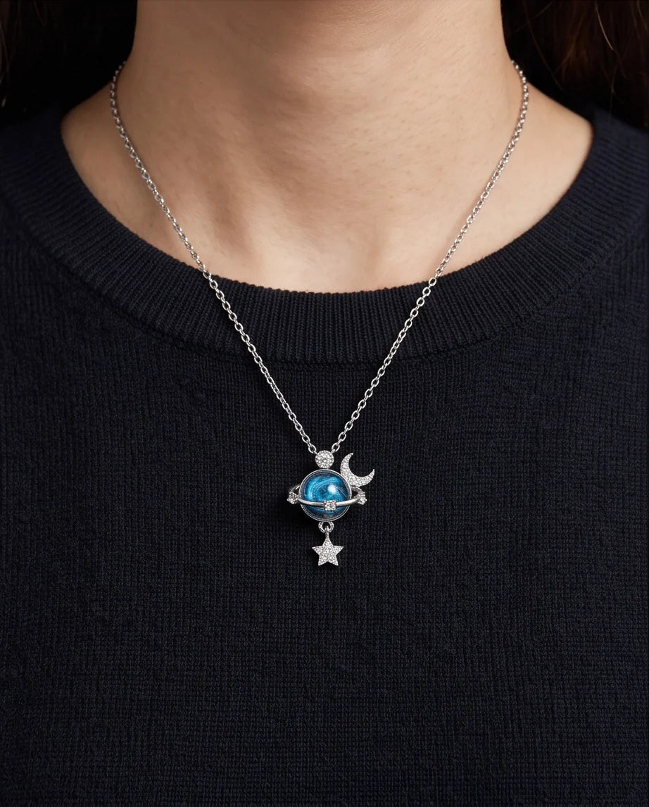 Silver Cosmic Planet Crescent Moon & Star Dangle Pendant Necklace