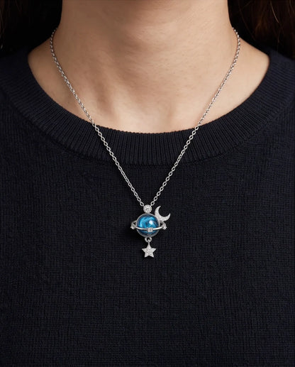 Silver Cosmic Planet Crescent Moon & Star Dangle Pendant Necklace