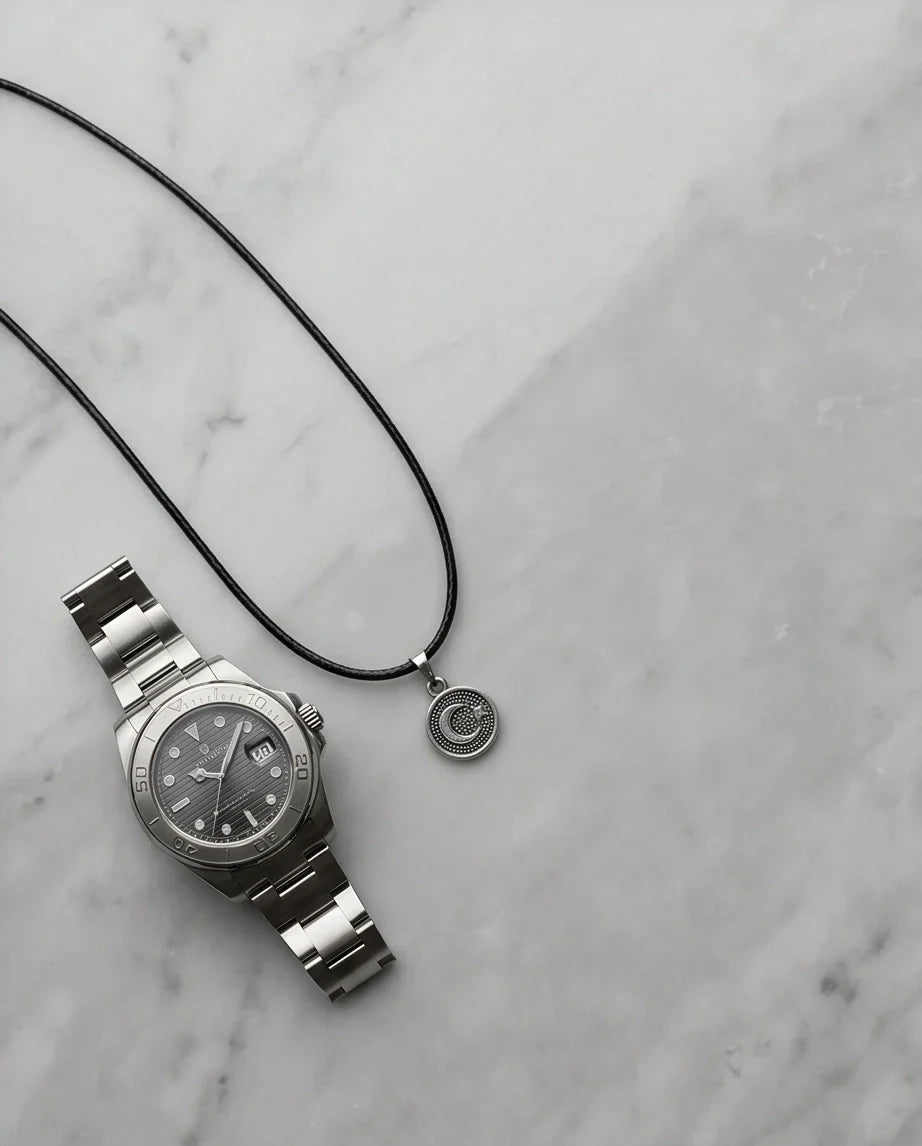 Silver Crescent Moon and Star Necklace