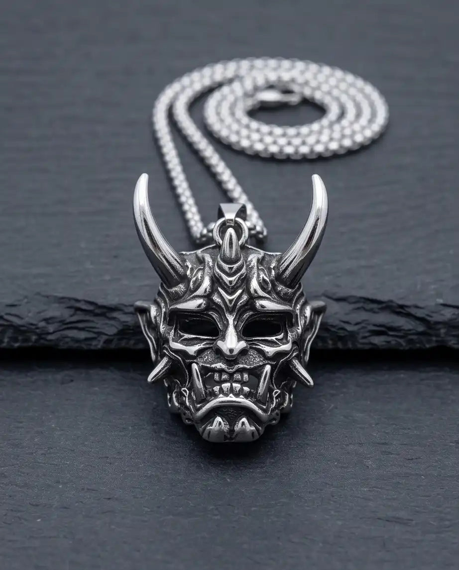 Japanese Horned Oni Mask Pendant Box Chain