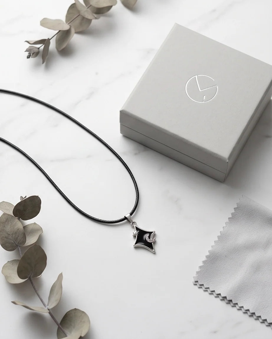 Celestial Black Starburst Moon Pendant Necklace