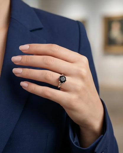 Sterling Silver Round-Cut High Crown Black Solitaire Ring