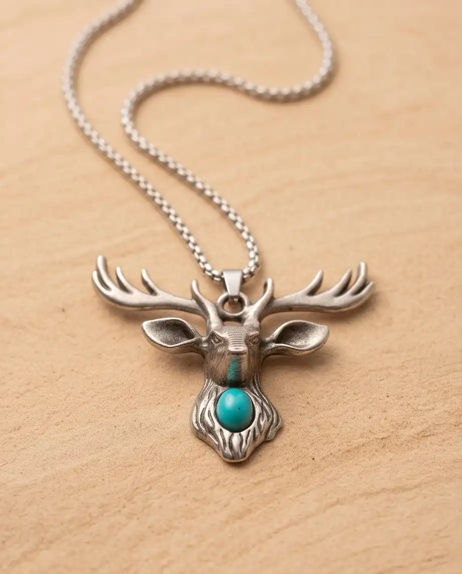 Turquoise Stone Stag Head Pendant Box Chain