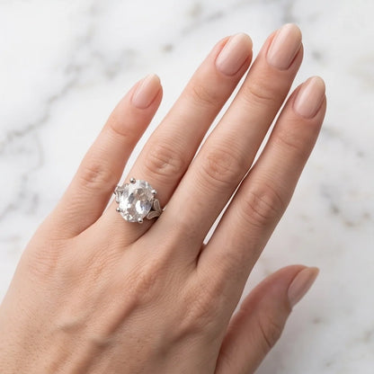 Silver Oval Clear Quartz Vintage Solitaire Ring