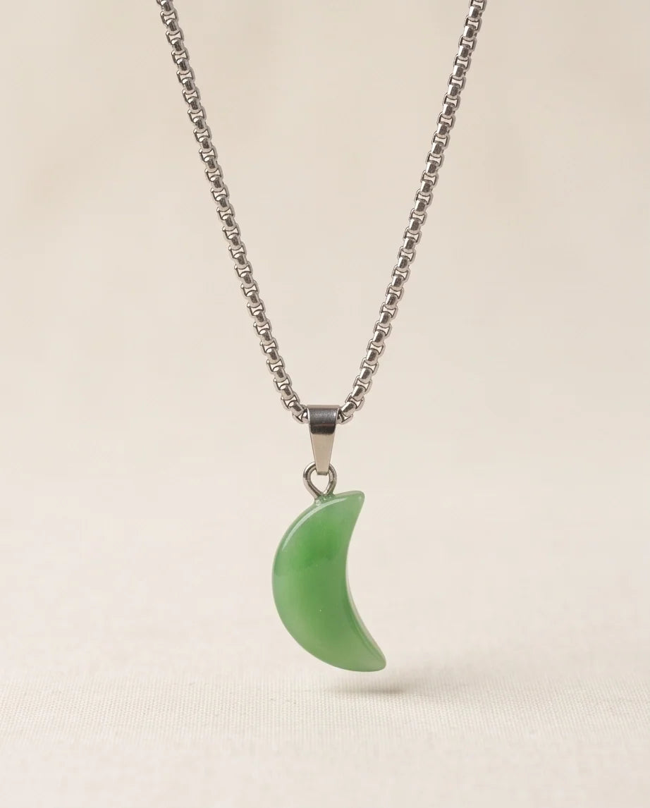 Silver Jade Green Crescent Moon Pendant Necklace
