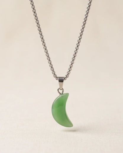 Silver Jade Green Crescent Moon Pendant Necklace
