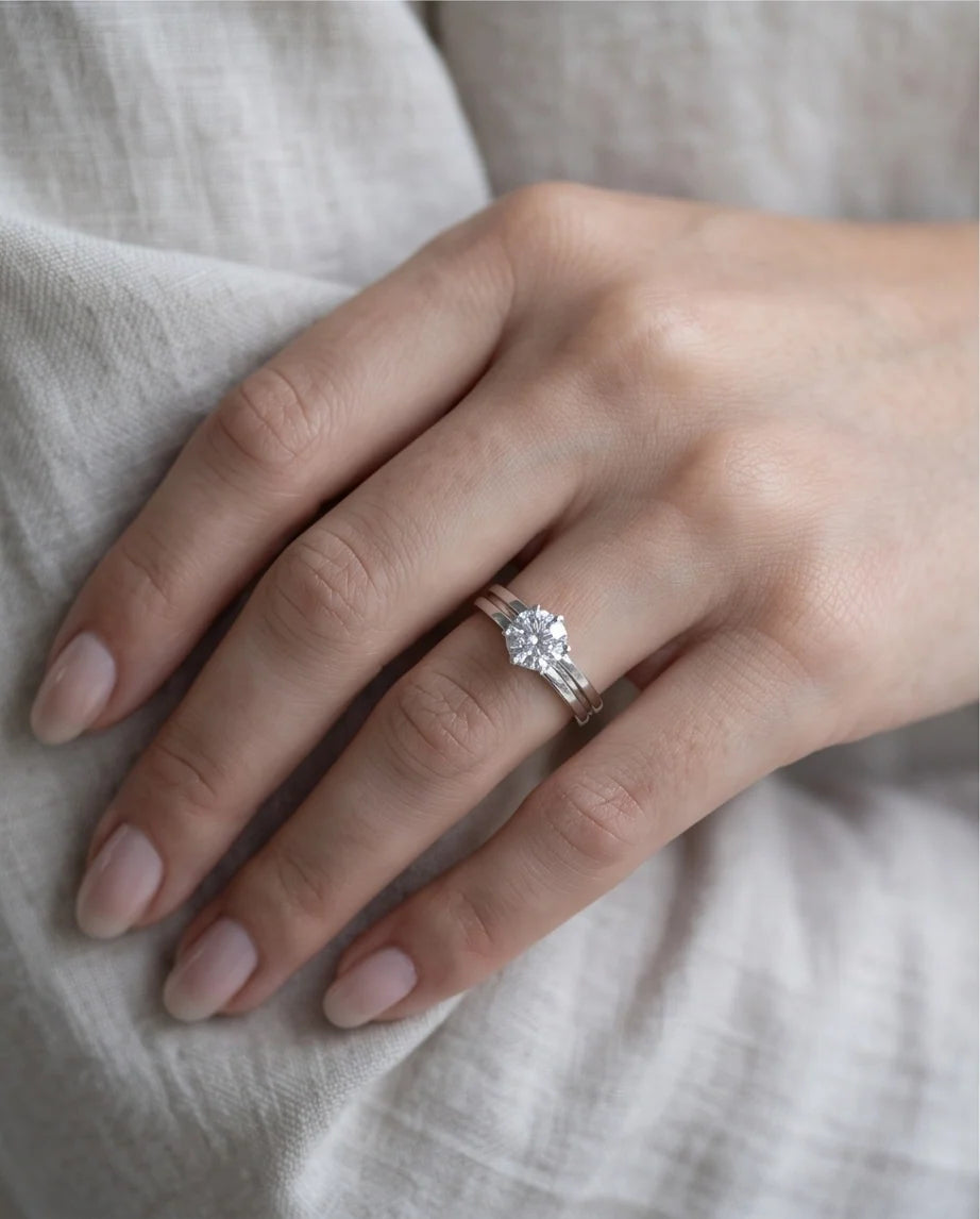 Silver Round Gemstone Grooved Solitaire Ring