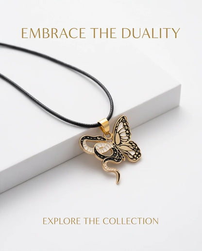Gold Snake & Butterfly Celestial Enamel Pendant Necklace