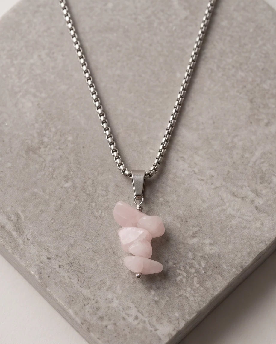 Silver Stacked Raw Rose Quartz Chip Stone Pendant Necklace