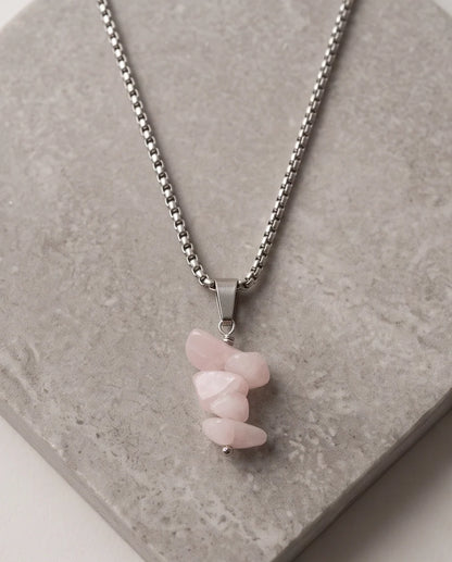 Silver Stacked Raw Rose Quartz Chip Stone Pendant Necklace