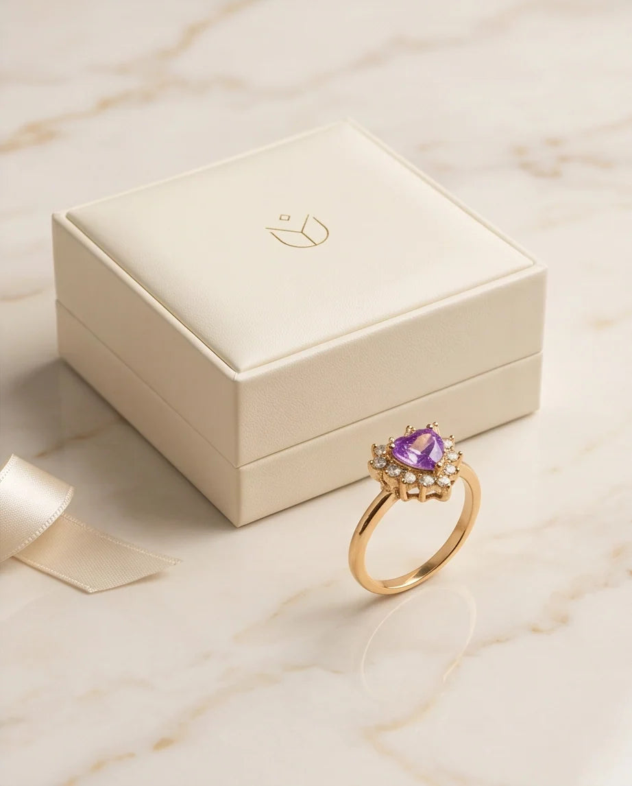 Gold Purple Heart Gemstone Halo Ring