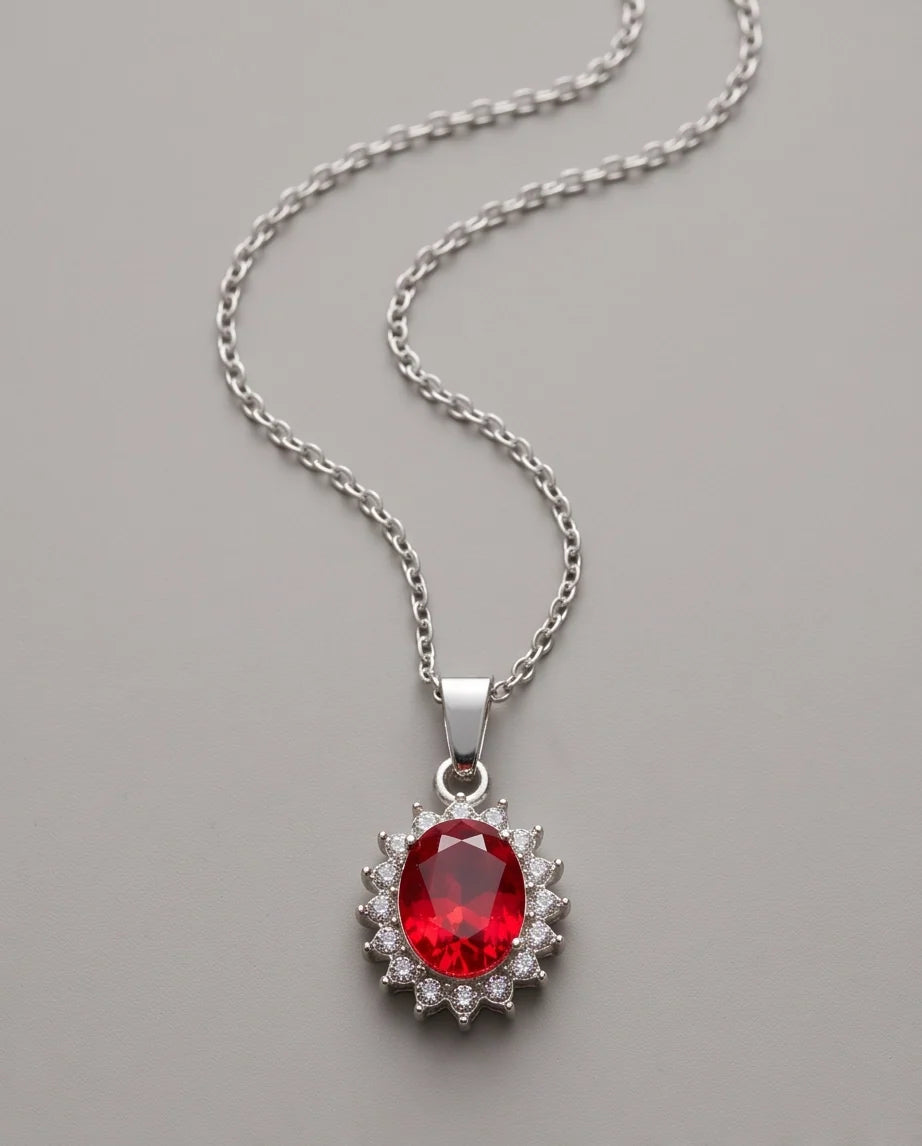 Silver Garnet Red Oval Halo Medallion Pendant Necklace