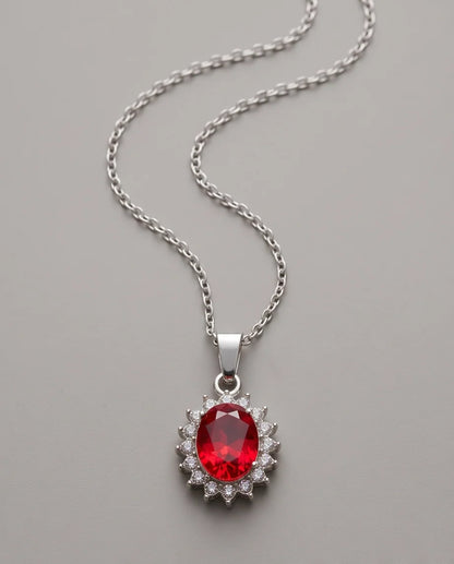 Silver Garnet Red Oval Halo Medallion Pendant Necklace
