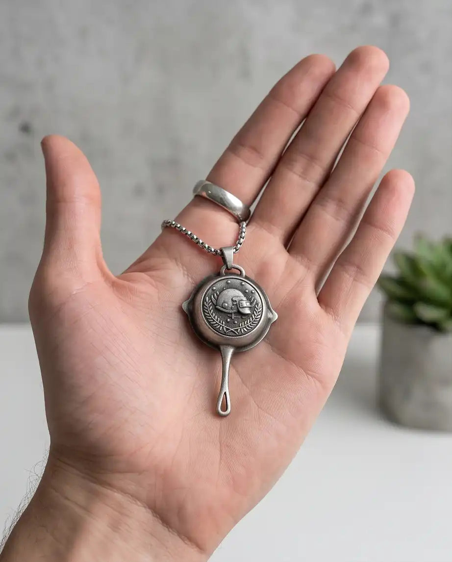 PUBG Frying Pan & Helmet Emblem Silver Box Chain Necklace