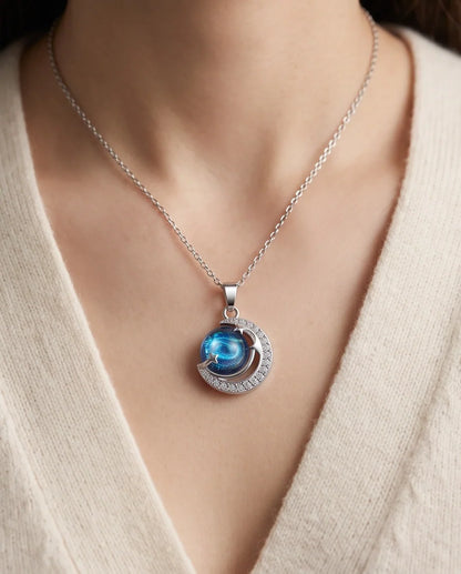 Silver Crystal Crescent Moon Cosmic Galaxy Orb Pendant Necklace