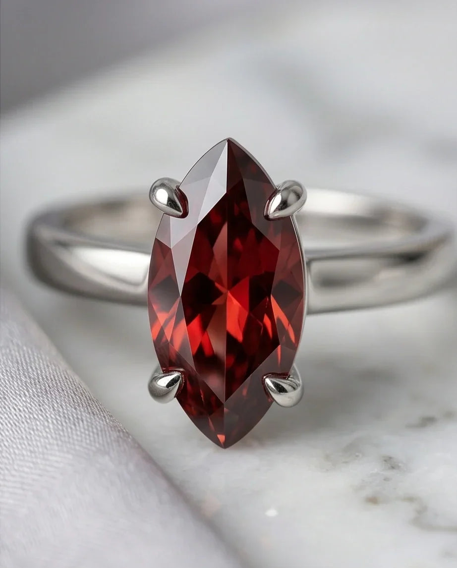 Sterling Silver Marquise-Cut Amber Carnelian Solitaire Ring