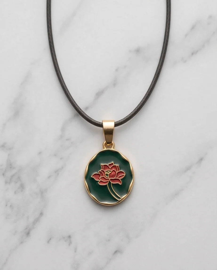 Gold Teal Lotus Enamel Medallion Chain Necklace