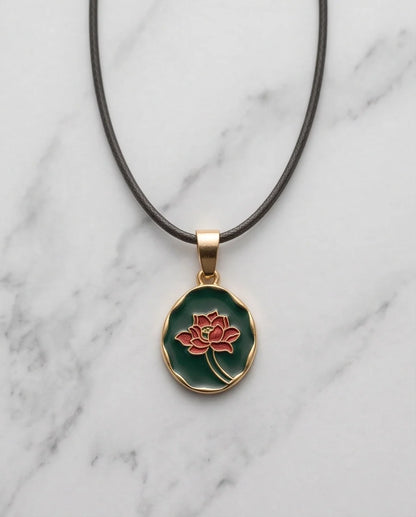 Gold Teal Lotus Enamel Medallion Chain Necklace