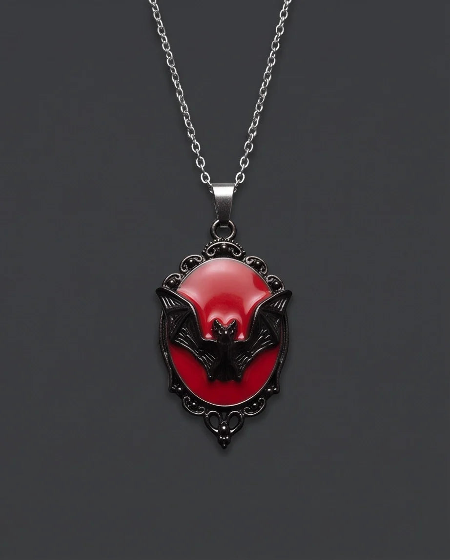 Black Gothic Bat Red Enamel Medallion Chain Necklace