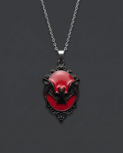 Black Gothic Bat Red Enamel Medallion Chain Necklace