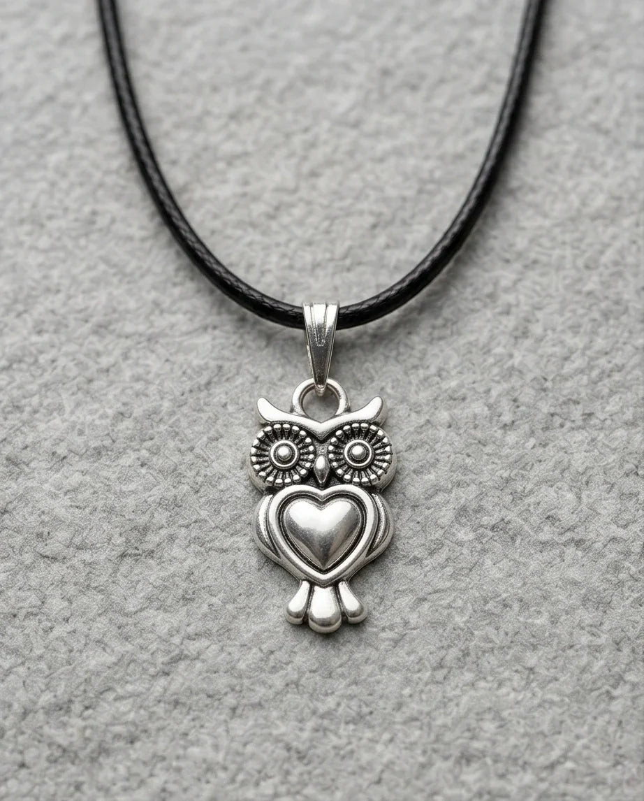 Silver Retro Heart Owl Necklace