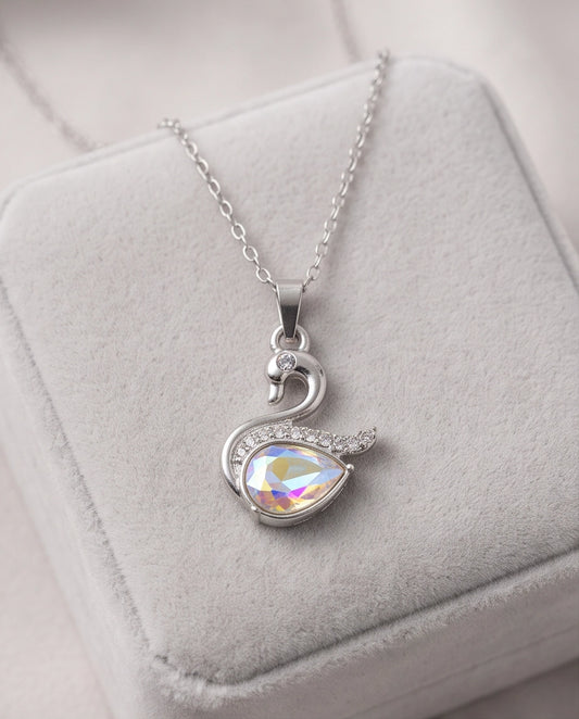 Silver Opaline Crystal Swan Pendant Necklace