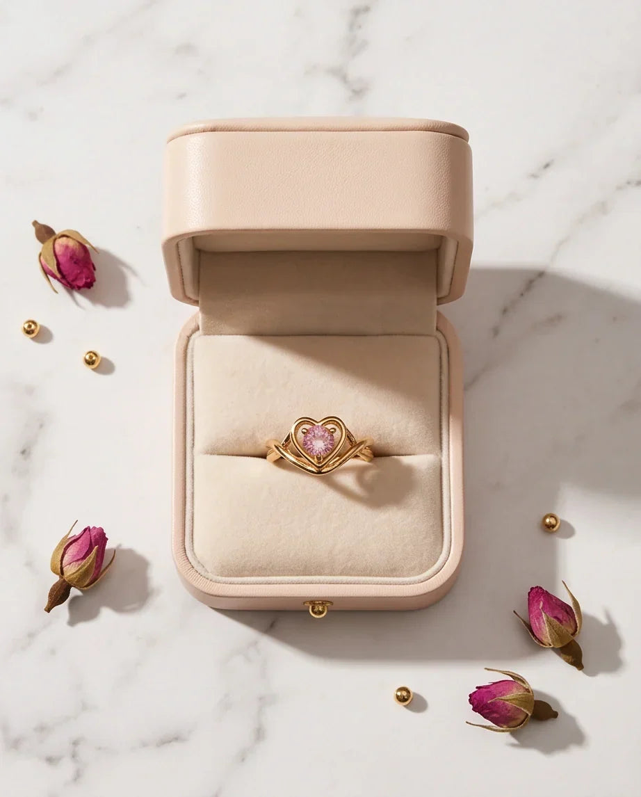 Gold Pink Tourmaline Heart Openwork Ring