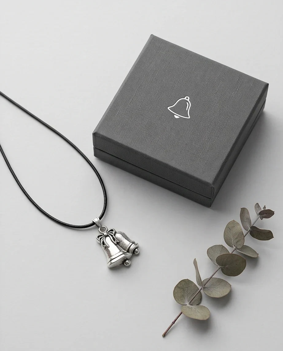 Silver Double Bells Ribbon Pendant Necklace