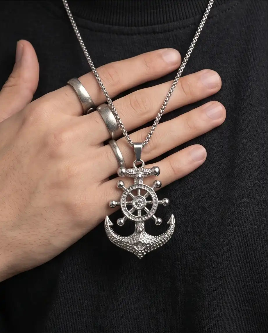 Nautical Ship Wheel Anchor Pendant Box Chain