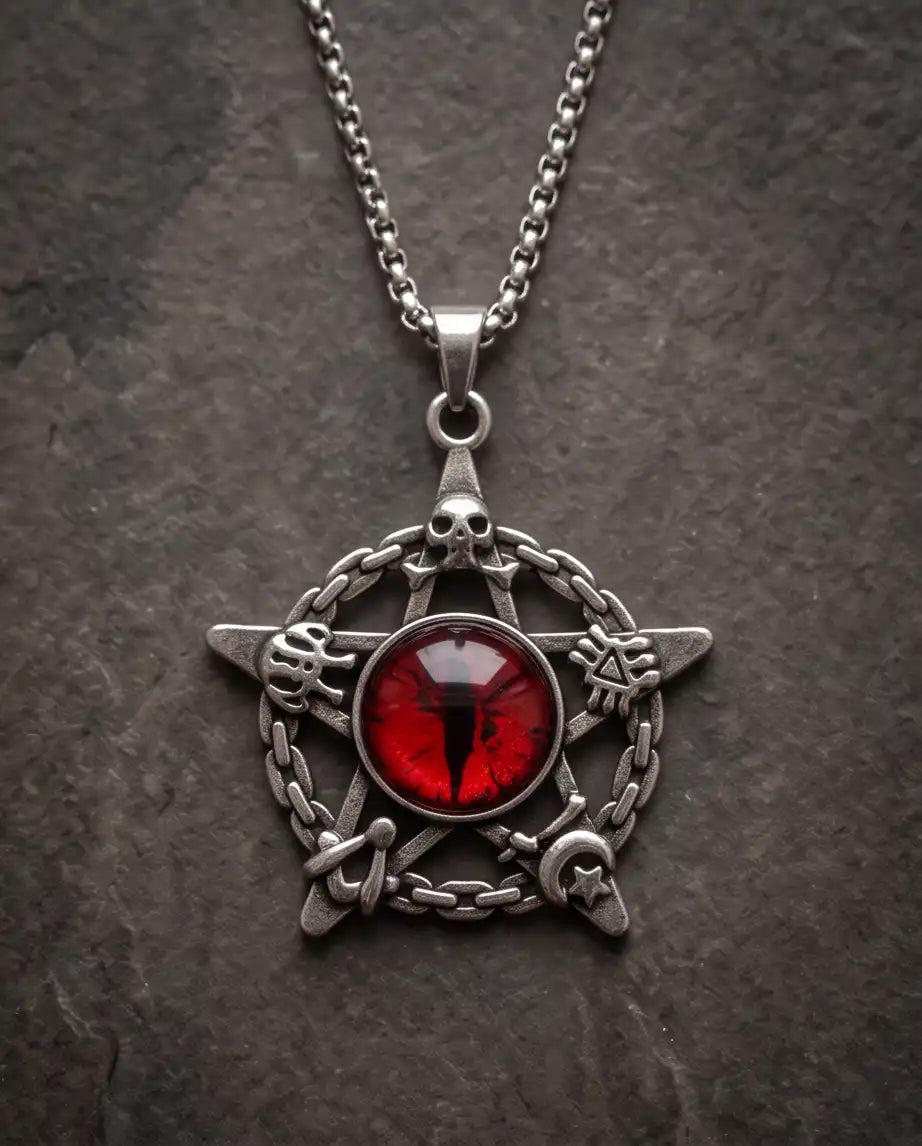 Red Dragon Eye Pentagram Occult Pendant Box Chain