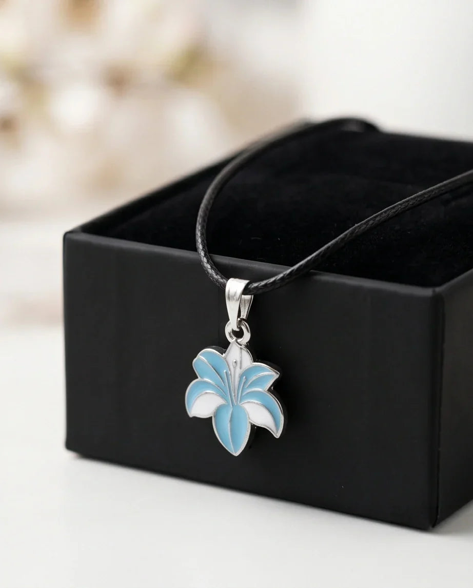 Serene Blue and White Lily Enamel Pendant Necklace