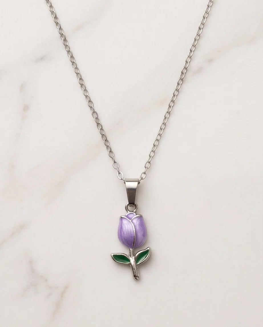 Silver Purple Enamel Tulip Pendant Necklace