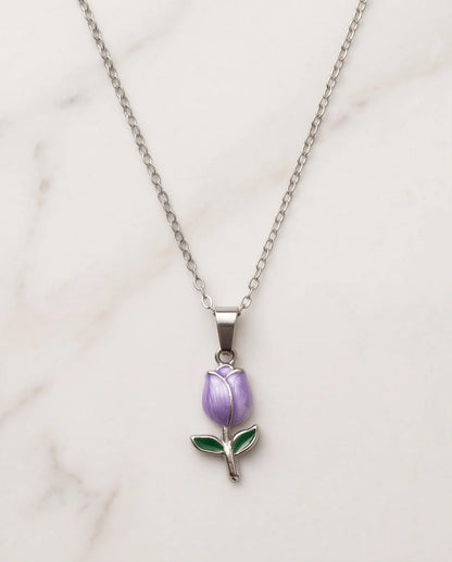 Silver Purple Enamel Tulip Pendant Necklace