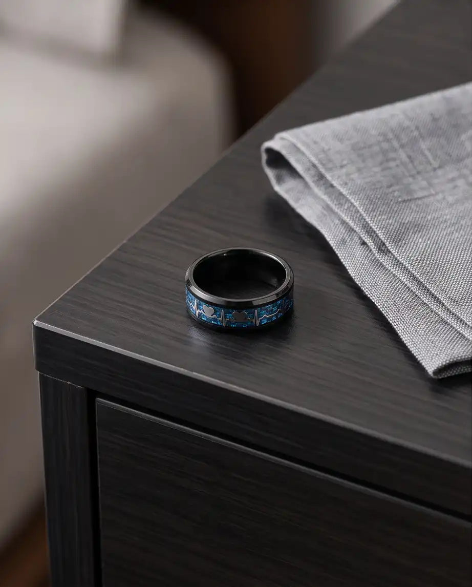 Black and Blue Carbon Fiber Heartbeat EKG Ring