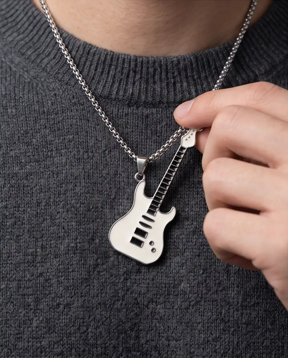 White Enamel Electric Guitar Pendant Silver Box Chain Necklace