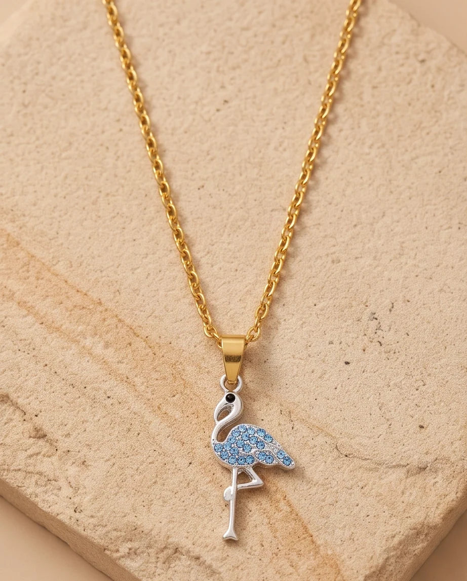 Silver Blue Crystal Paved Flamingo Pendant Necklace